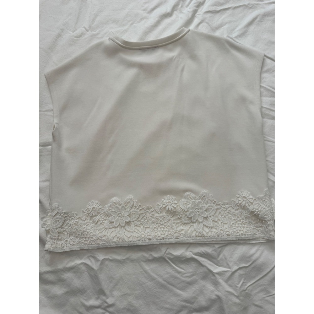 Cable & Gauge Womens White Sleeveless Knit Top Floral Lace Hem Blouse Large